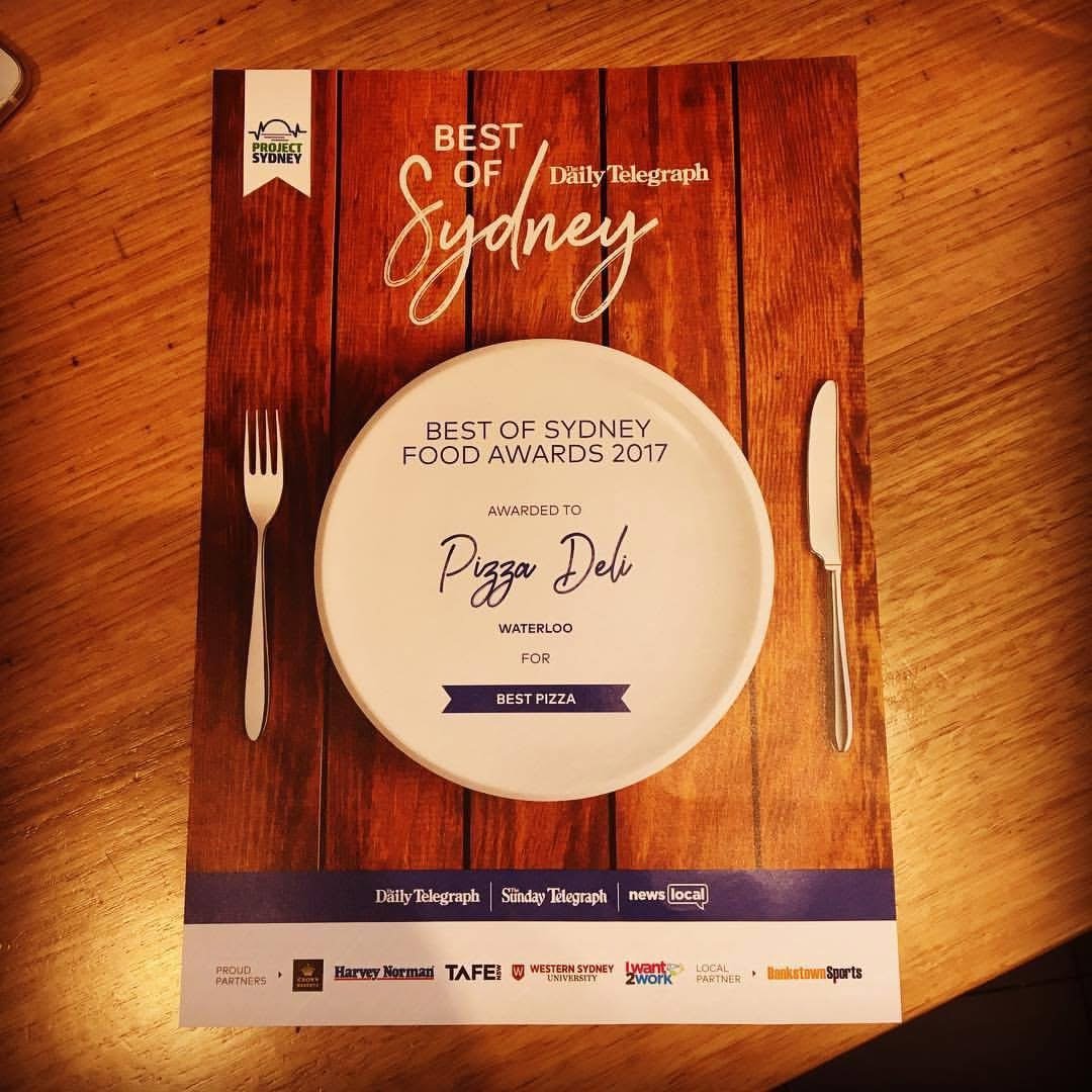 Best of Sydney Food Awards 2017 certificate, awarded to Pizza:deli Waterloo for Best Pizza